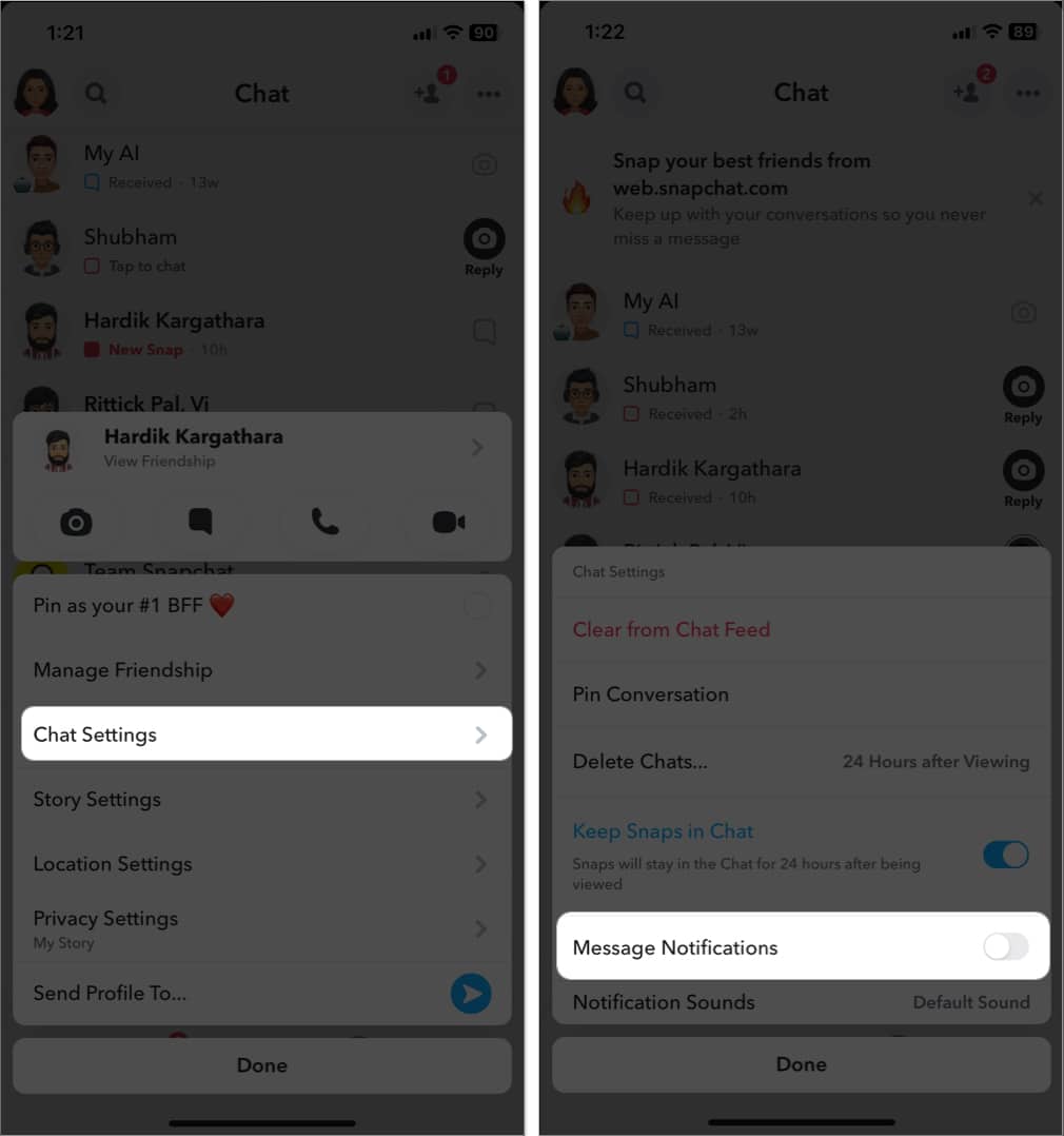 tap chat settings, toggle off message notifications in snapchat