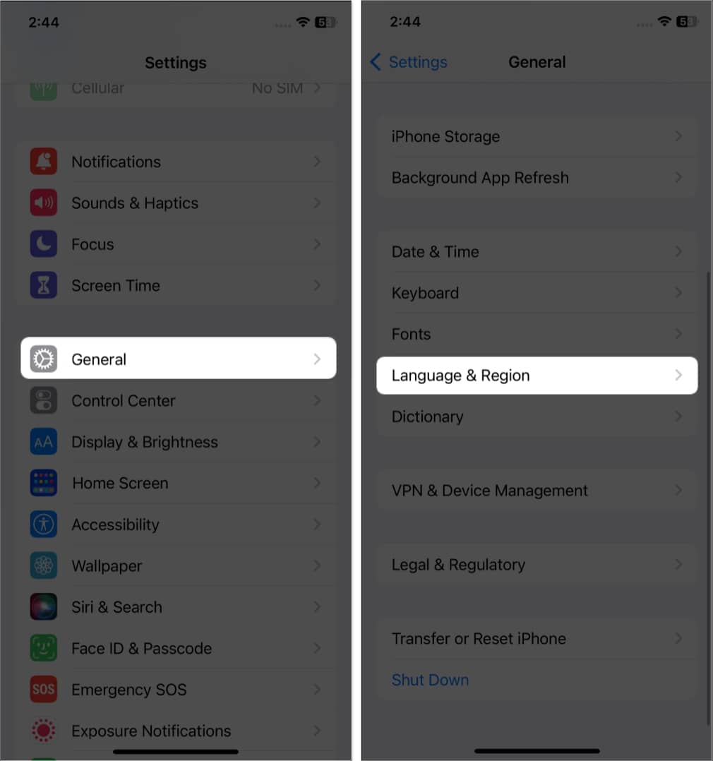 tap general, language and region in settings