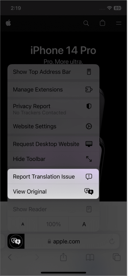 tap translation icon, select view original in safari