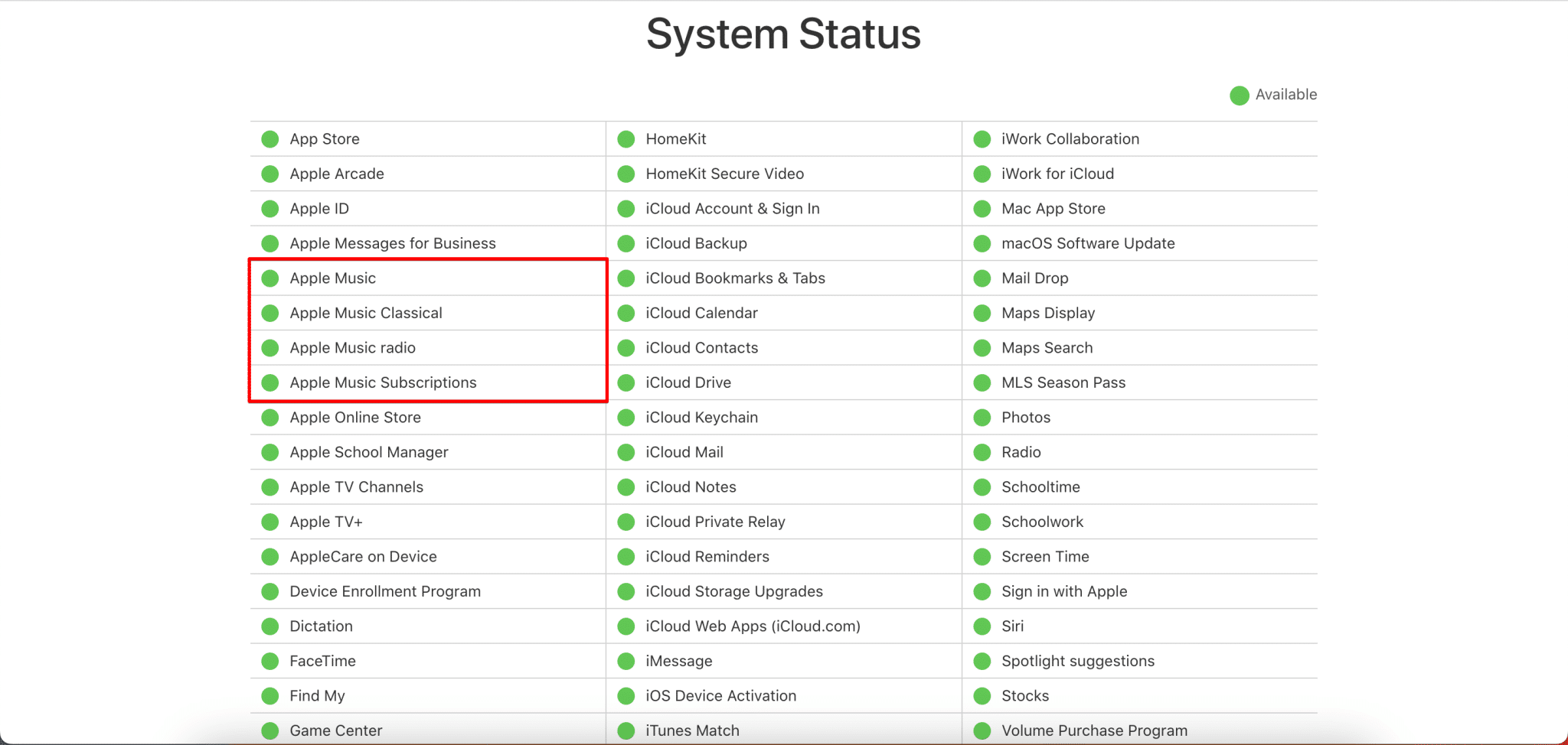 Check the System Status of Apple Music