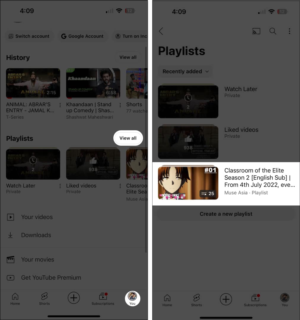 Access a playlist in YouTube in iPhone