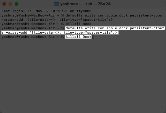 Apply command and return on terminal to add space to document side of dock