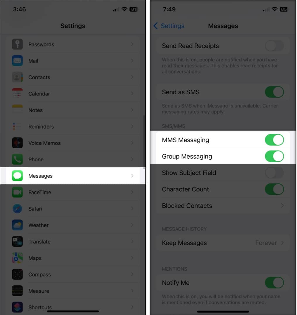 Check Messages app settings on your iPhone