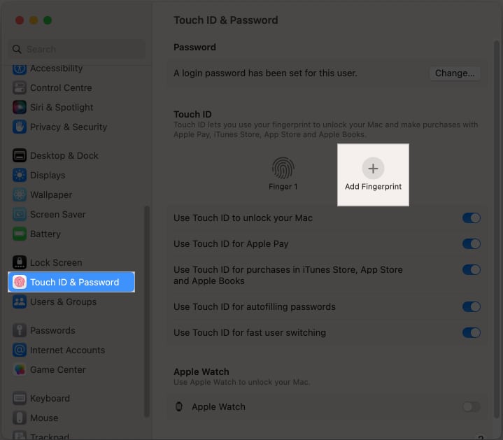 Choose Touch ID & Password and click on Add Fingerprint