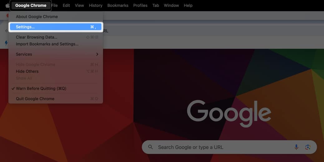 Klik Chrome dalam bar menu dan ketik Tetapan pada Mac