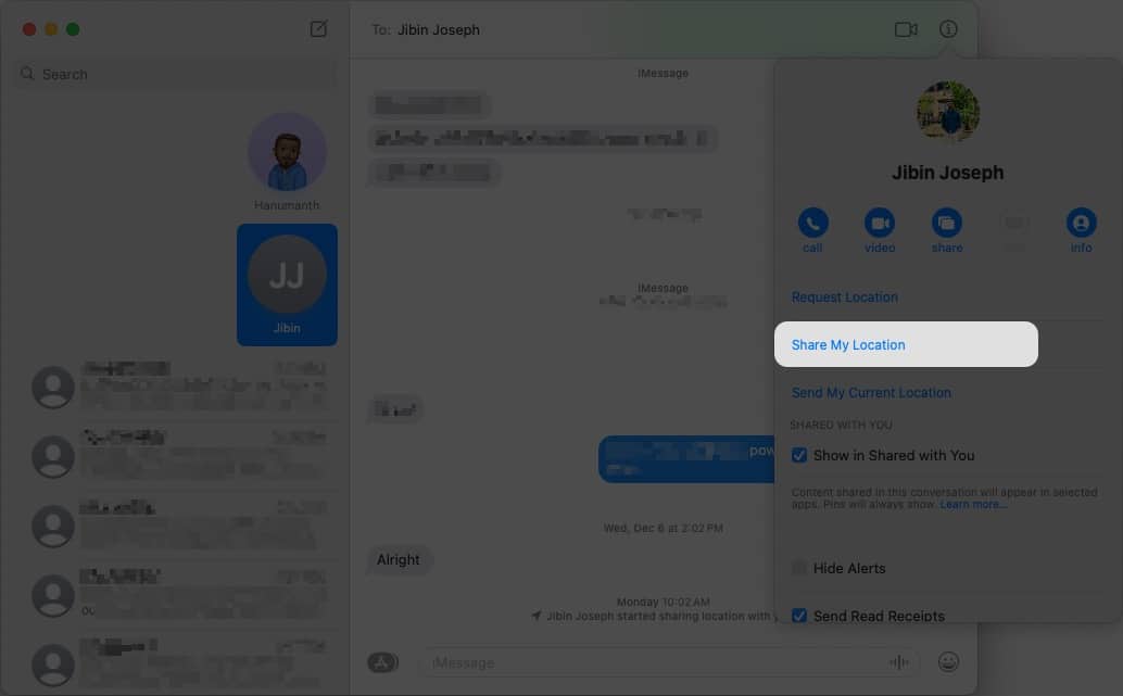 Click Share My Location from the Info button in the Messages app on Mac