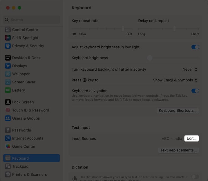 Click edit next to input sources in key board settings