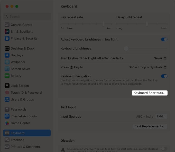 Click the keyboard shortcuts option in keyboard settings