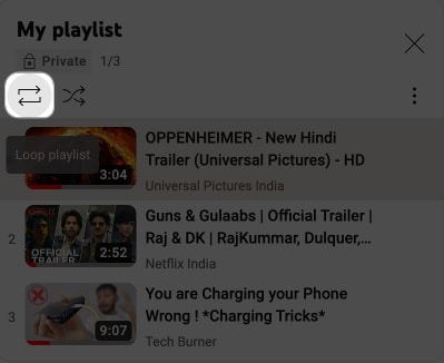 Click the loop icon in YouTube playlist on Mac