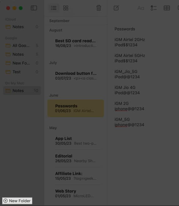 Create new folder in apple notes