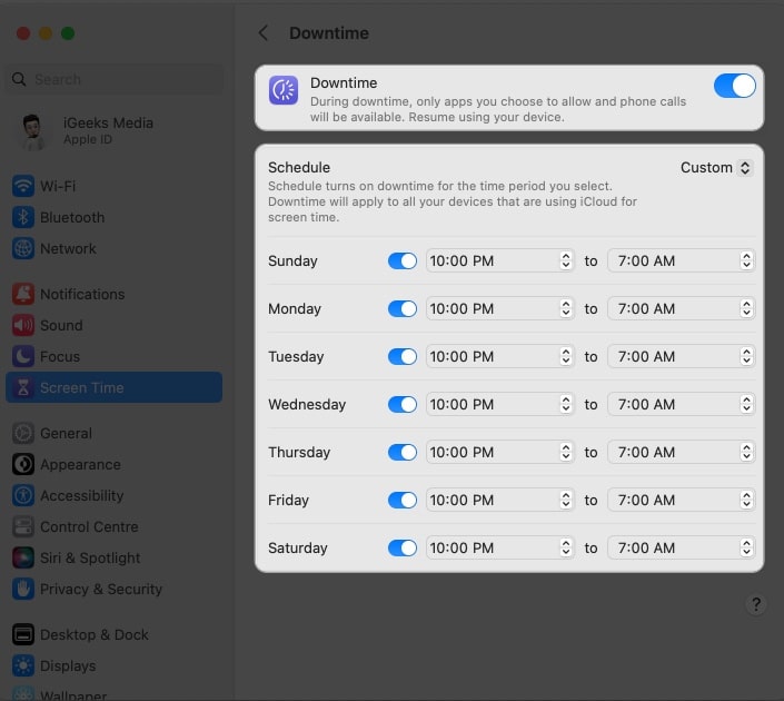 Curate a custom time and toggle on downtime in system settings