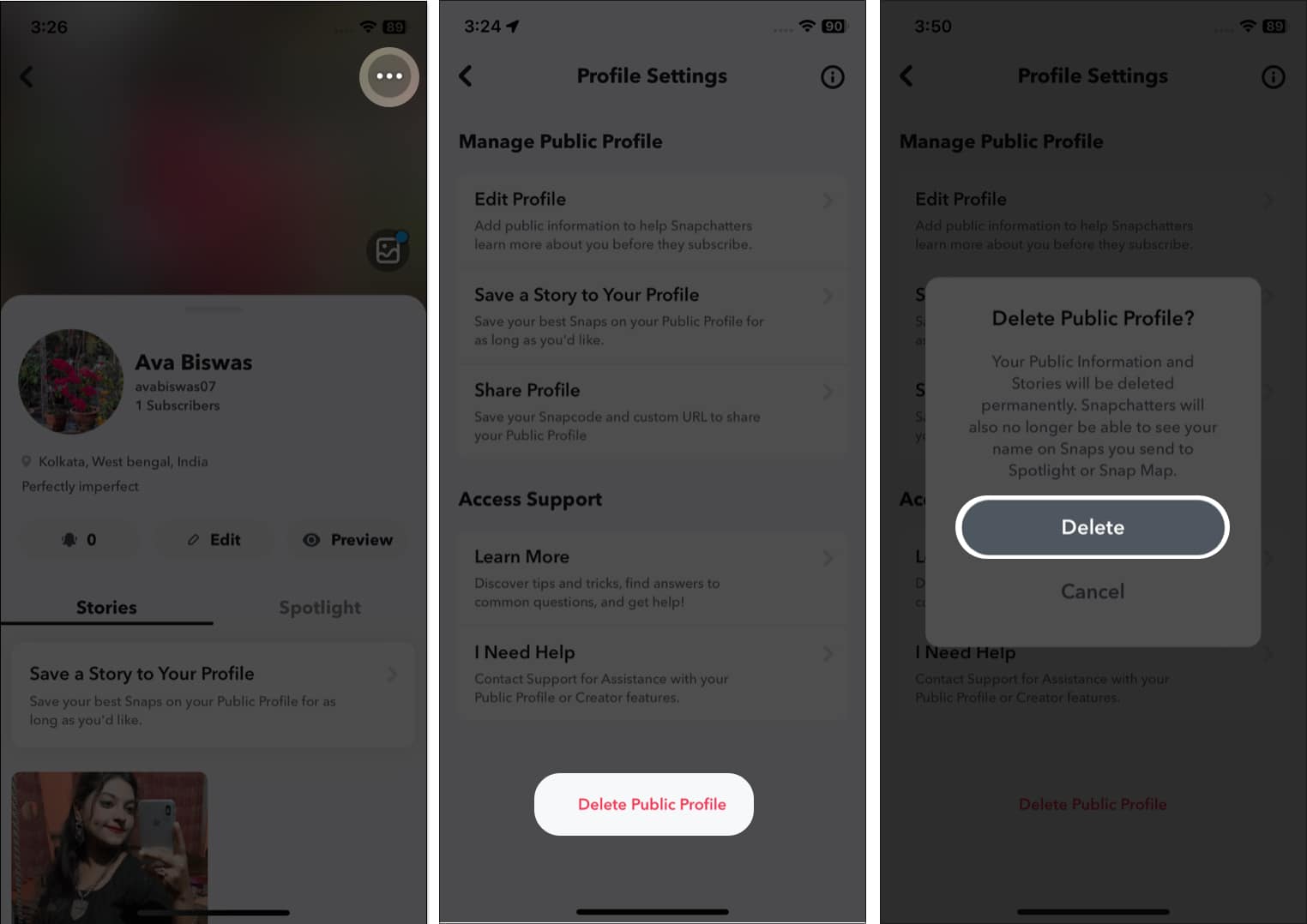 Delete Public Profile on Snapchat from iPhone