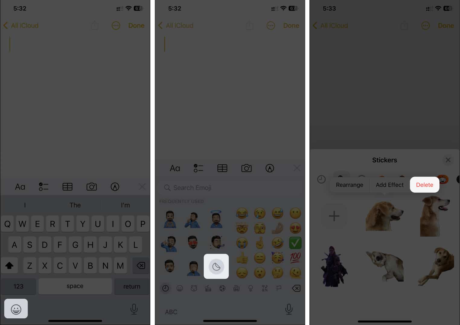 Deleting Stickers from the Emoji keyboard in the Notes app in iOS 17