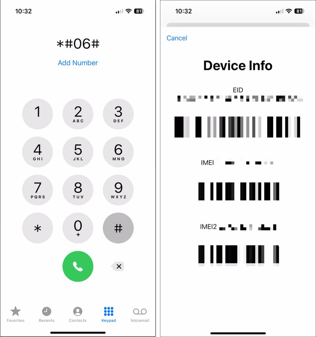 Dail kod dalam apl Telefon untuk melihat nombor EID pada iPhone anda
