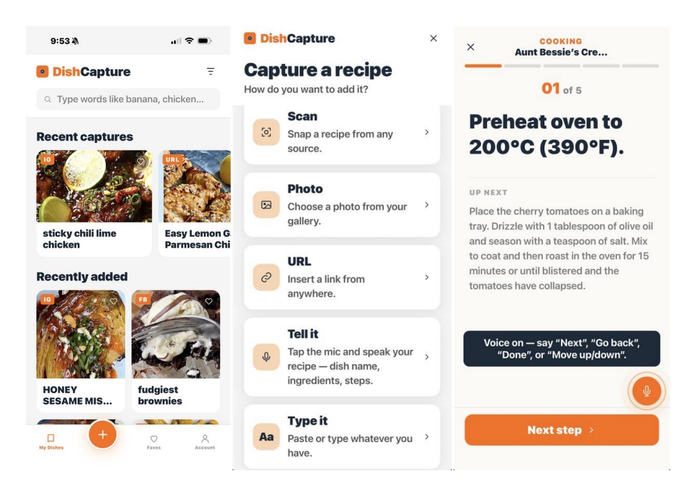 Best recipe apps for iPhone and iPad – iGeeksBlog DishCapture app: left screen shows recent and recently added recipe cards with bottom navigation icons at the bottom edge of the screen,