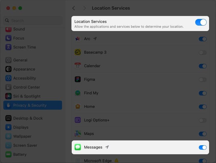 Enable Location services for Messages in Mac's System Settings
