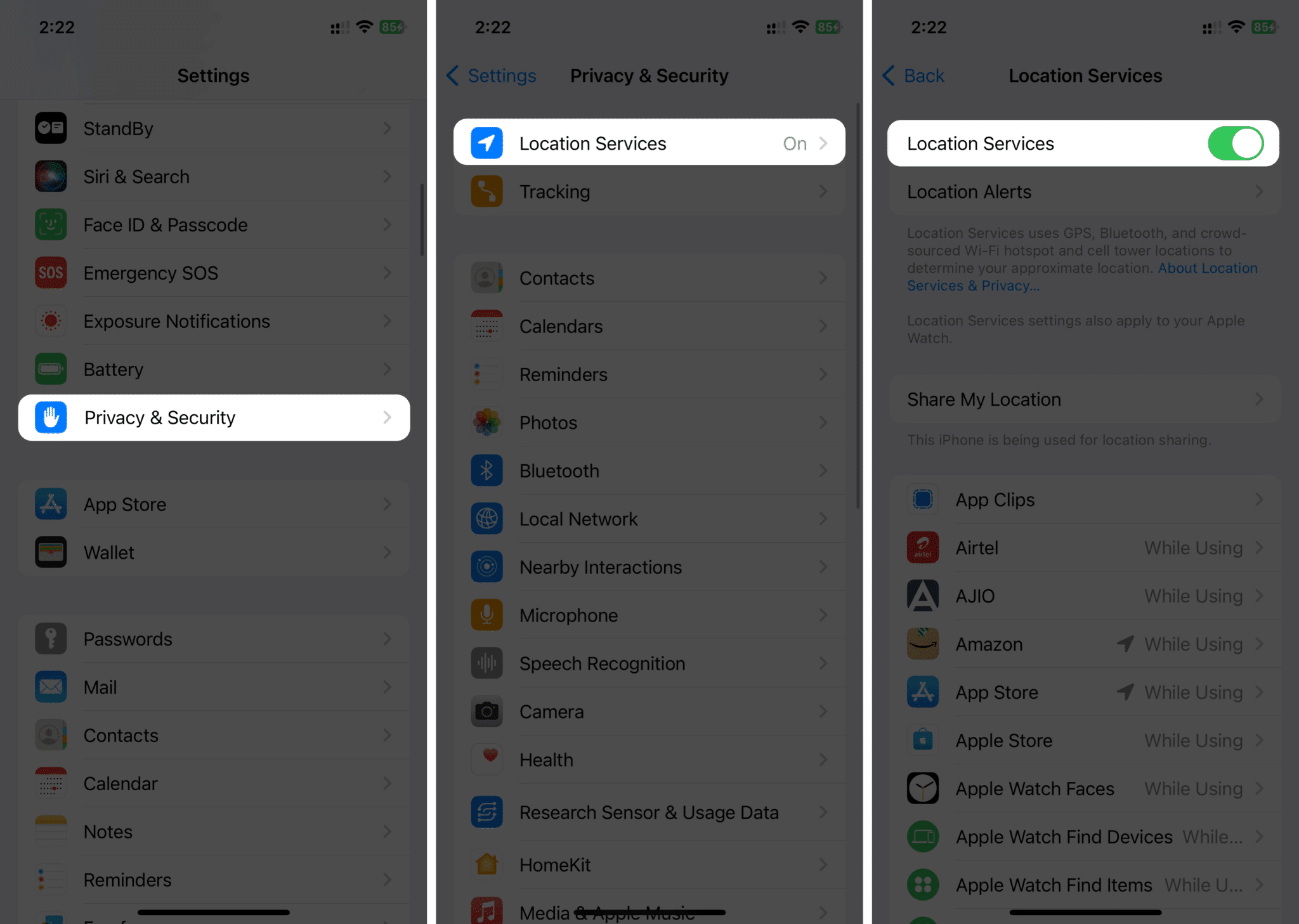 A helyszolgáltatások engedélyezése az iOS beállításaiban