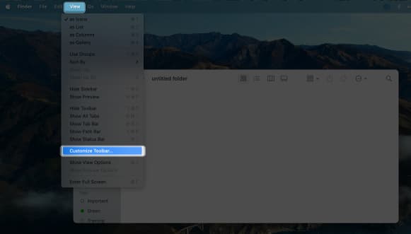 Finder menu bar, click View, Customize Toolbar