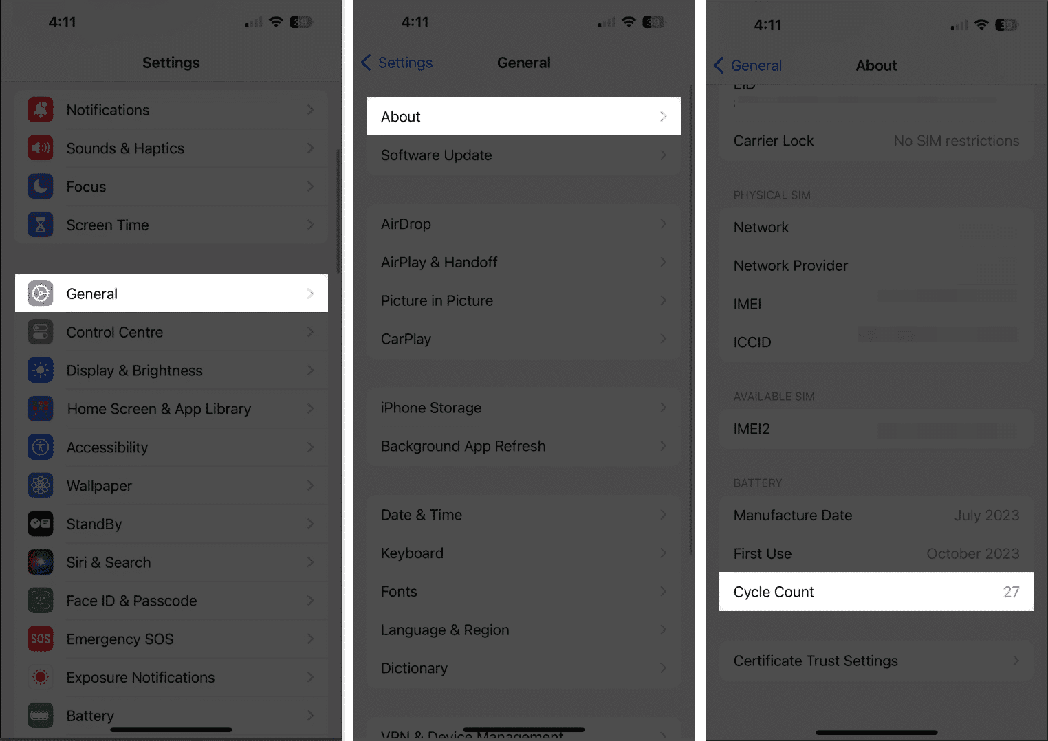 General, About, Cycle Count on iPhone 15