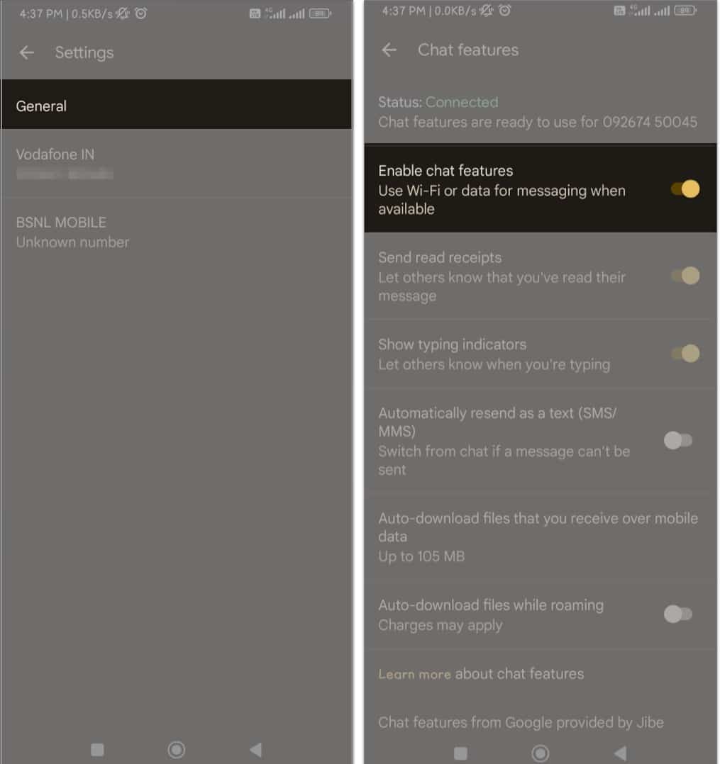 General Chat features toggle Enable chat feature