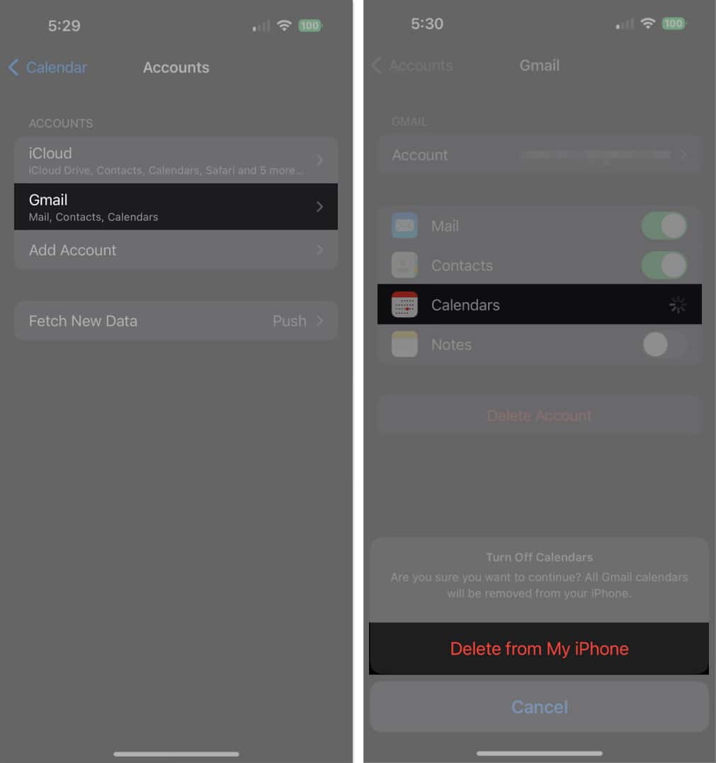 Gmail, Toggle off Calendar, Delete from my iPhone