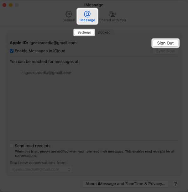 Go to the iMessage section, ensure to be on the Settings tab and click the Sign Out button next to your Apple ID