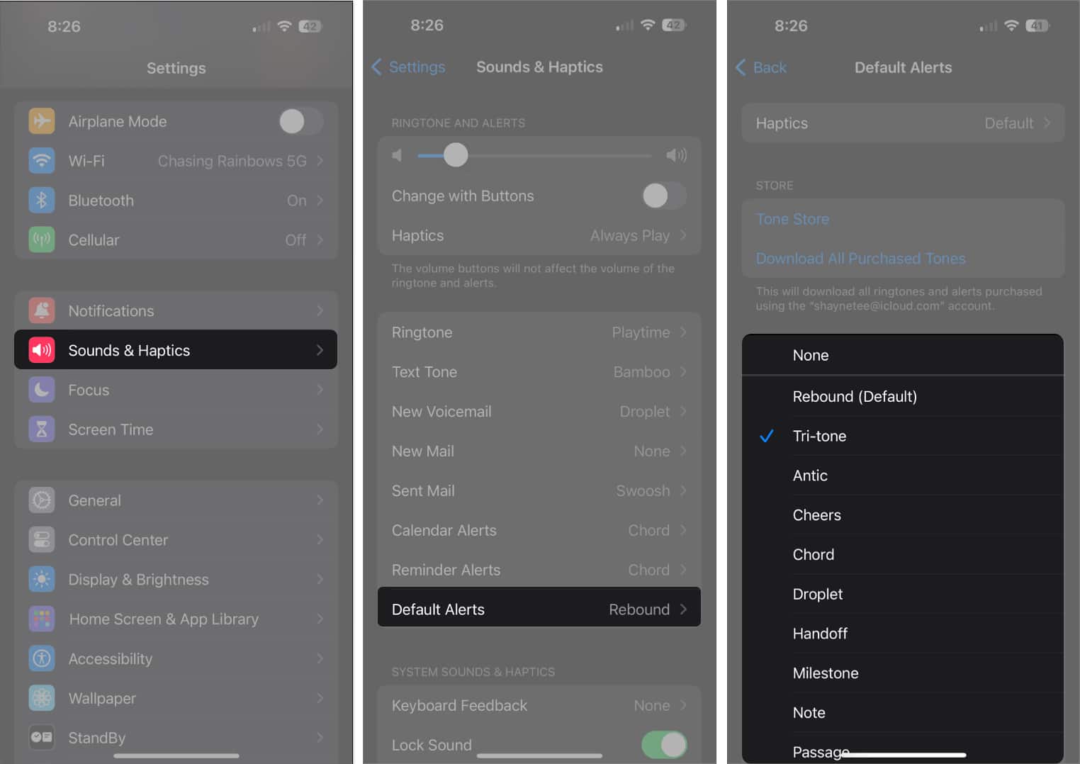 Head to Sound & Haptics, Default Alerts and select new tone
