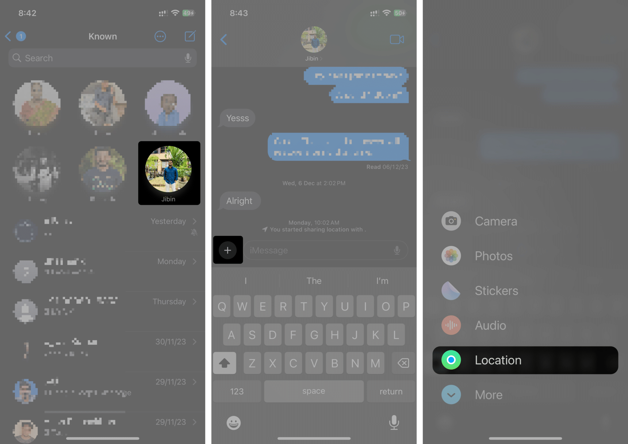 Location option in the Messages app in iOS