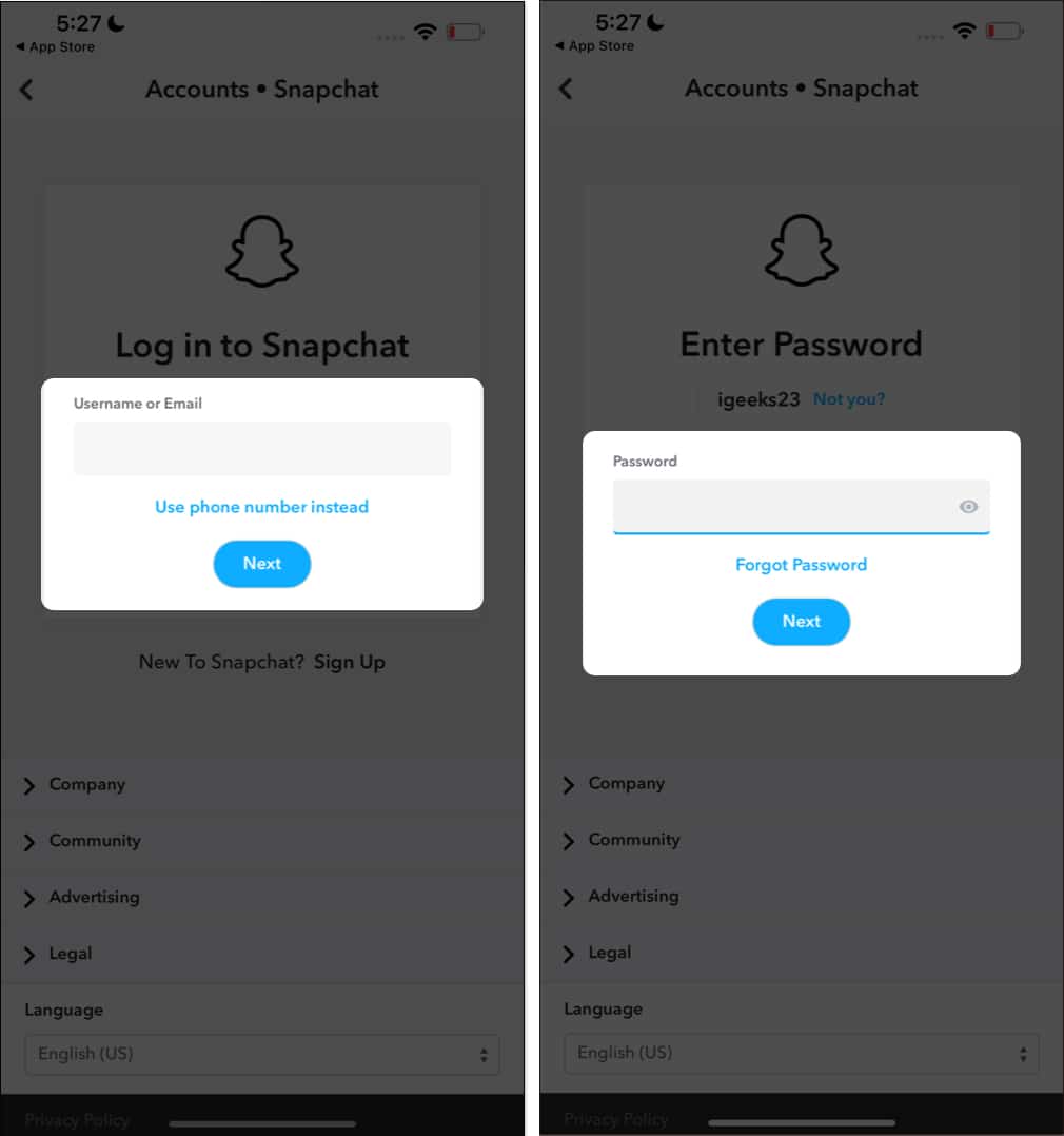 Log in to your Snapchat account