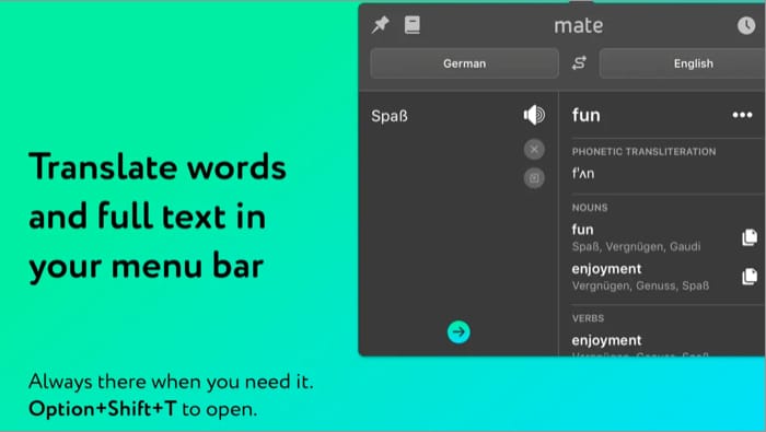 Mate- Universal Tab Translator Mac menu bar app screenshot