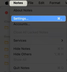 Notes menu, Settings