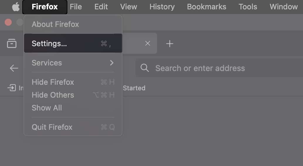 A menüsorban kattintson a Firefox elemre, és koppintson a Beállítások elemre