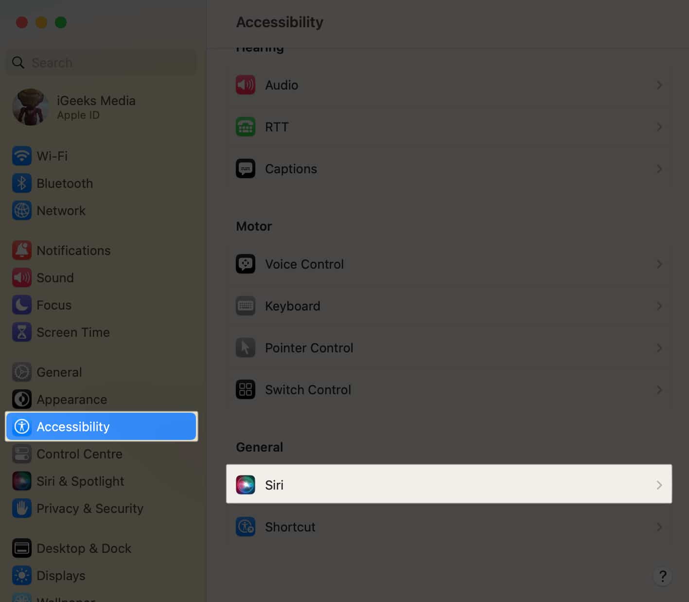 Open System Settings, Accessibility and Click Siri.