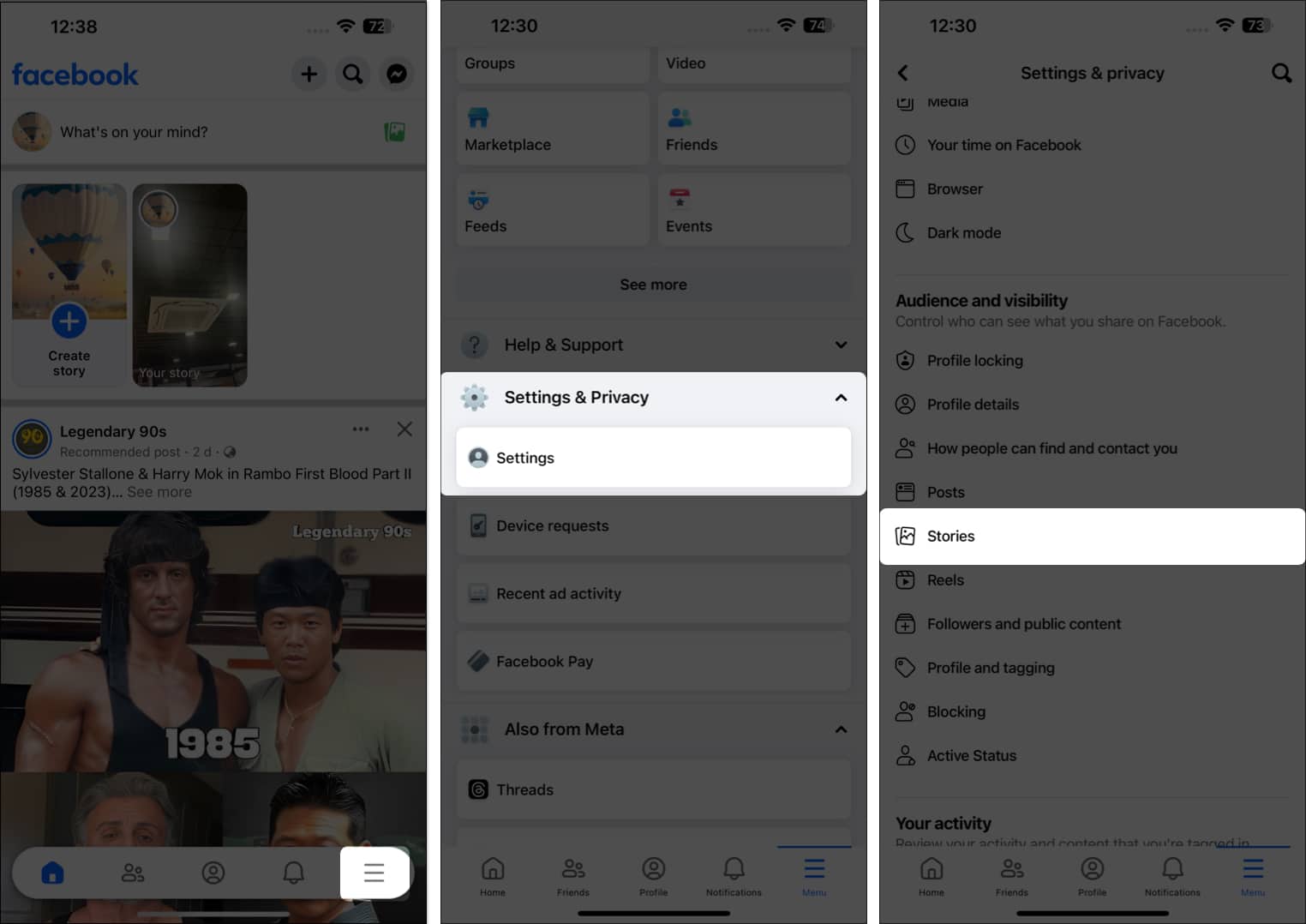 Open facebook select hamburger icon go to settings under settings  privacy tap stories
