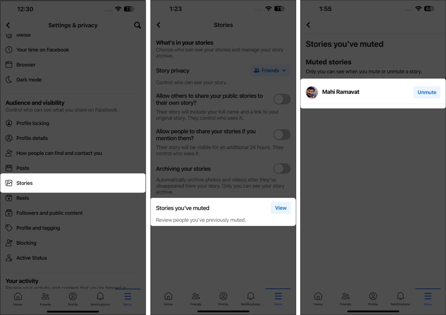 Open settings select stories choose view tap unmute