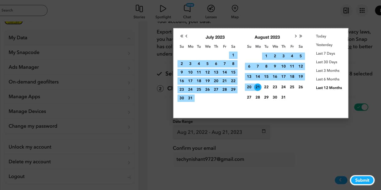 Pick a range of dates and click Submit