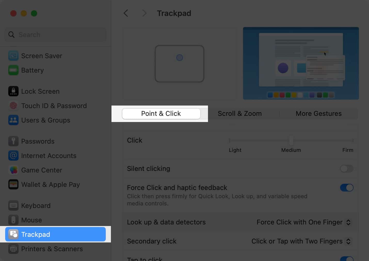 Point and Click in Trackpad settings on Mac