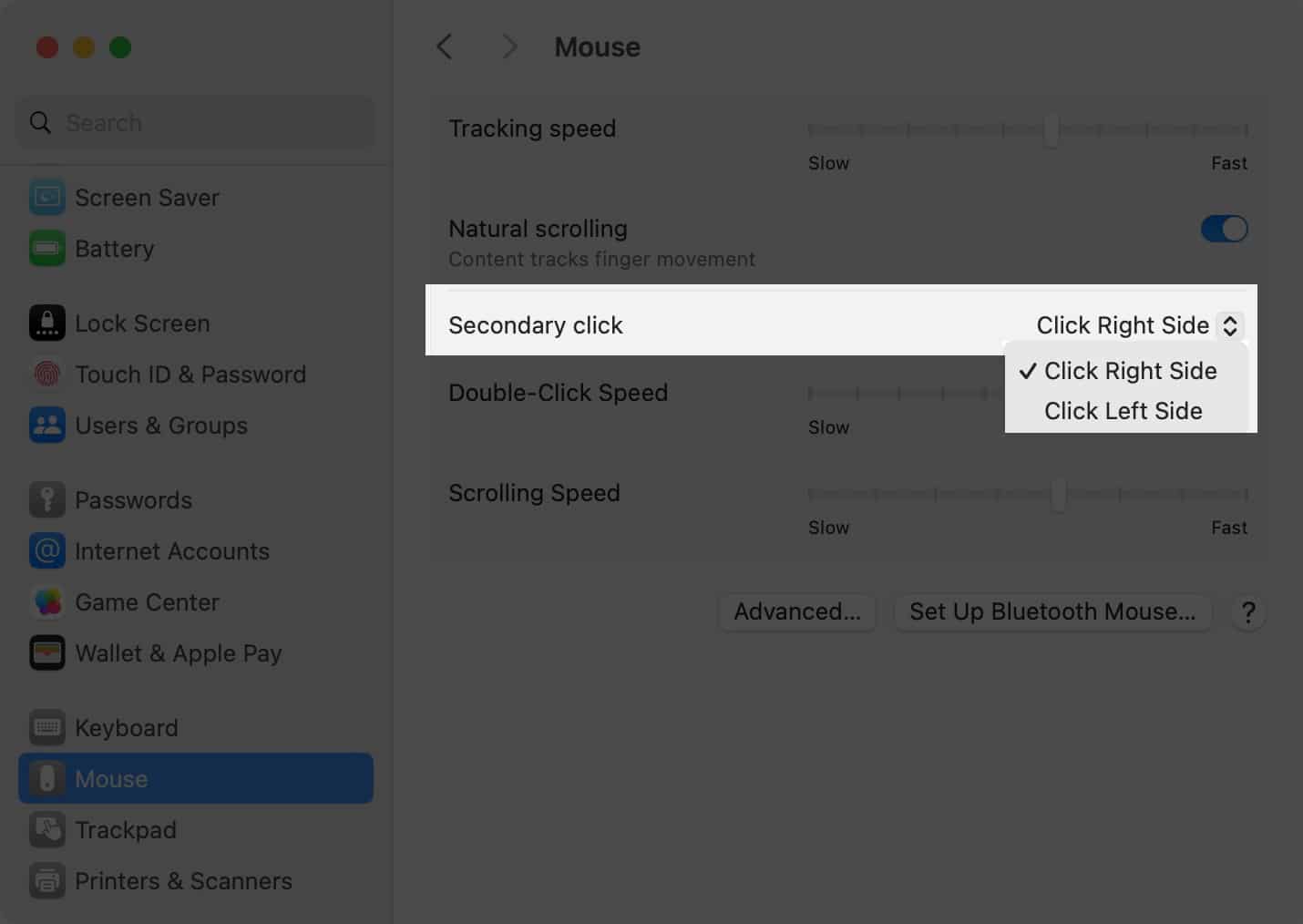 Secondary click settings for Regular mouse