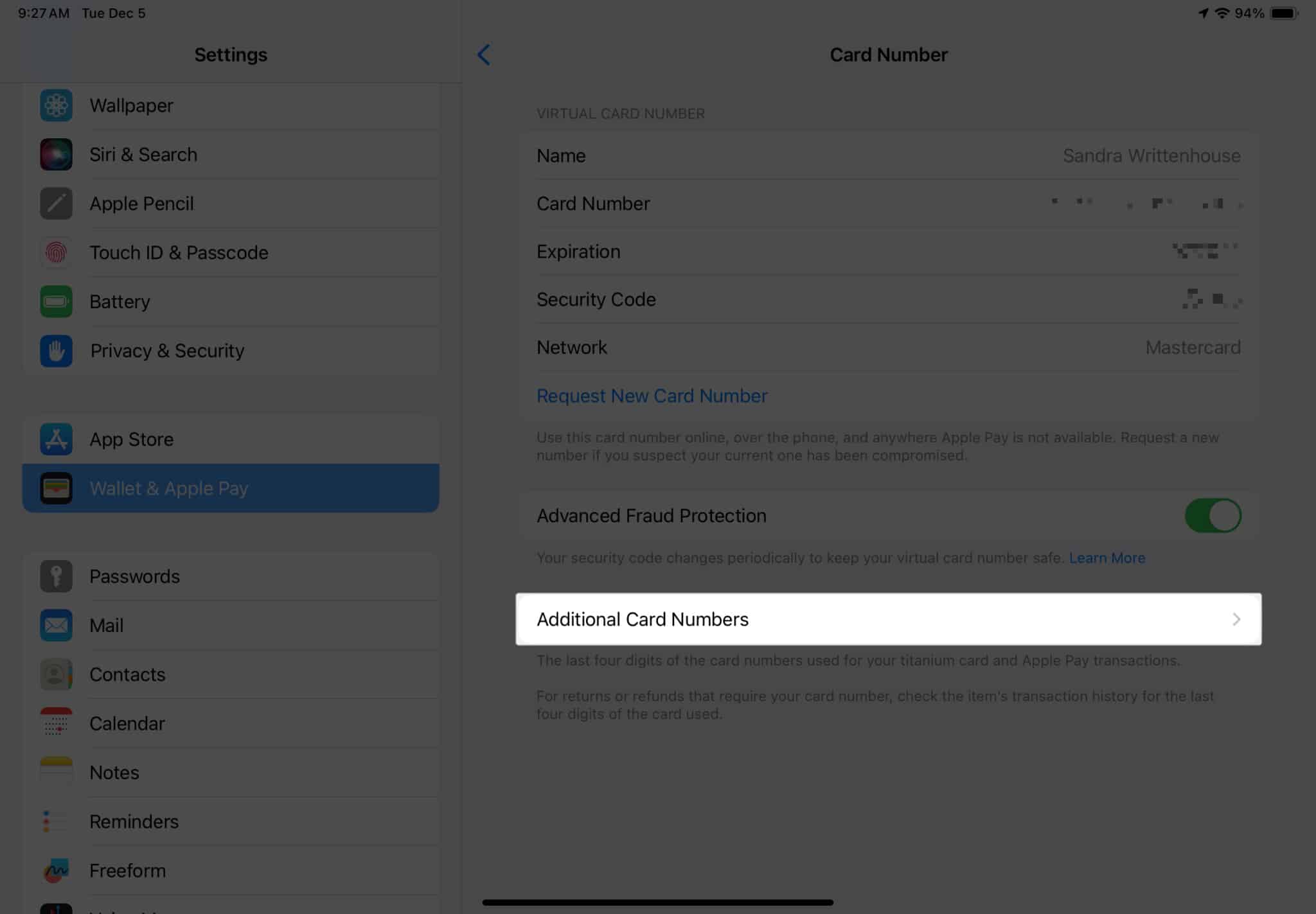 Select Additional Card Numbers option