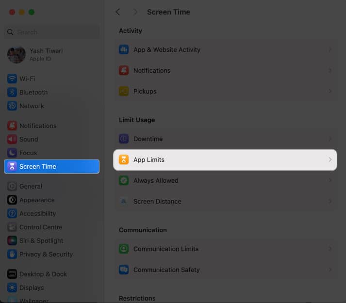 Select App Limits from the Screen Time