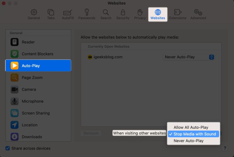 Select Auto-Play in Safari