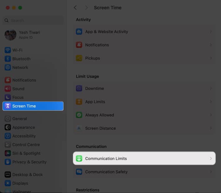 Select Communication Limits in Screen Time