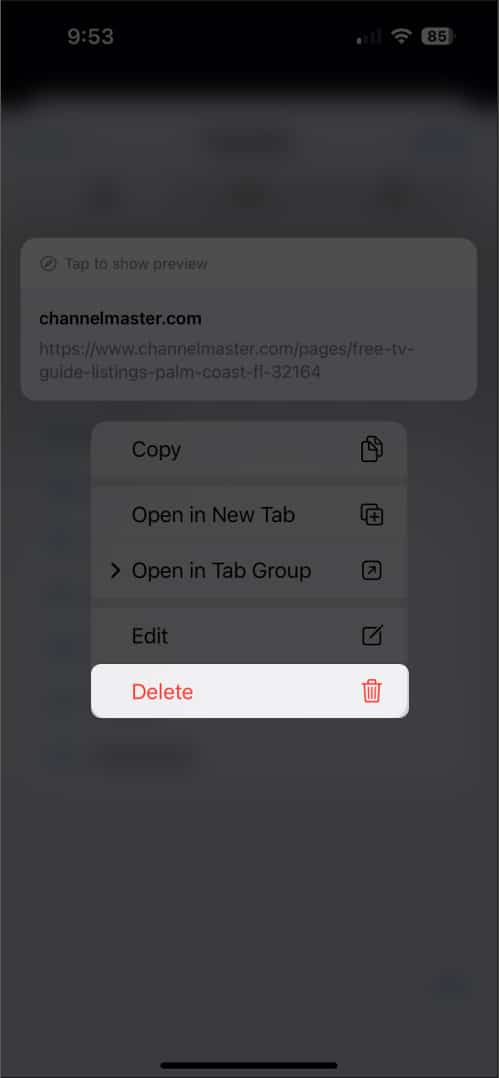 Select Delete to remove Favorites