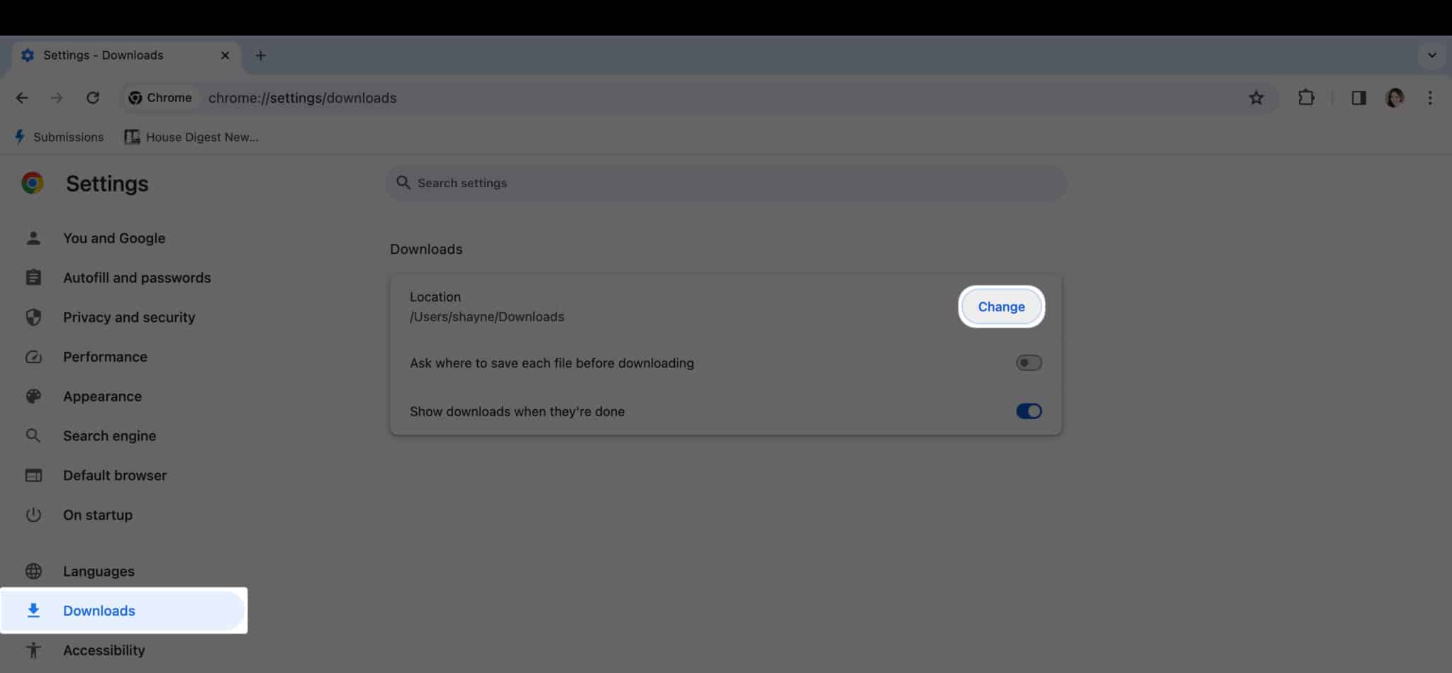 Select Downloads and Click the Change button beside Location