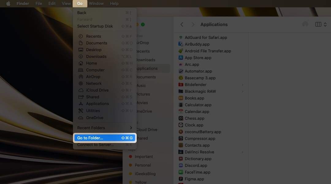 Pilih Pergi dalam menu dan pilih Pergi ke pilihan Folder apabila dalam tetingkap Finder
