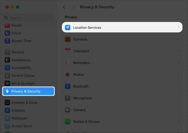 Select Location Services from Privacy and Security Settings in Mac's System Settings