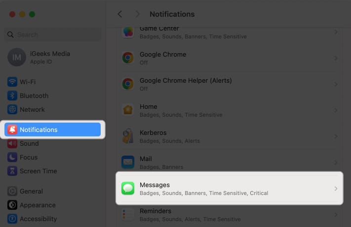 Select Notifications and click Messages