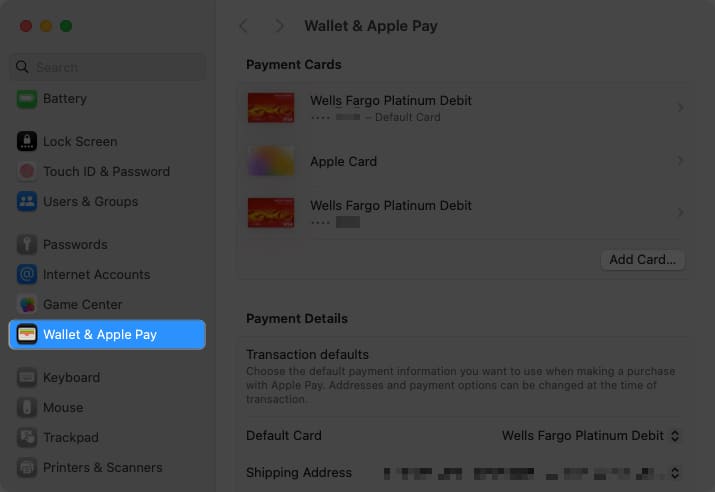 Válassza a Wallet & Apple Pay lehetőséget a bal oldalon