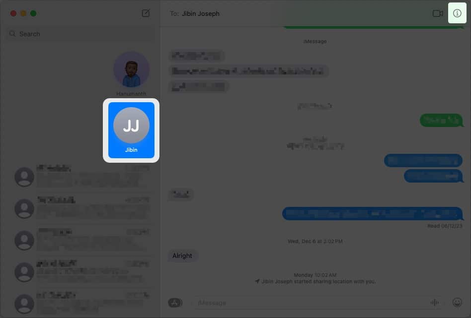 Select a conversation in Messages and click the i button
