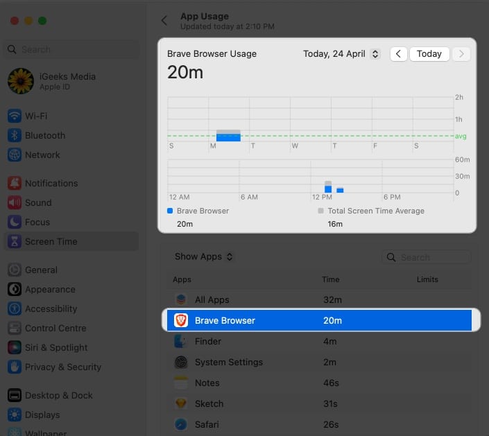 Select and app or browser to monitor usage in settings
